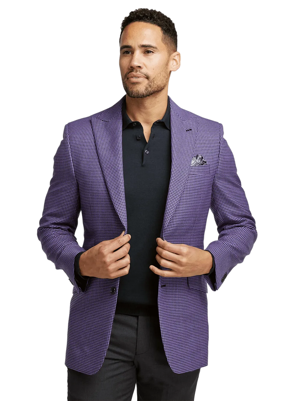 Wool Houndstooth Single Breasted Peak Lapel Sport Coat - Purple