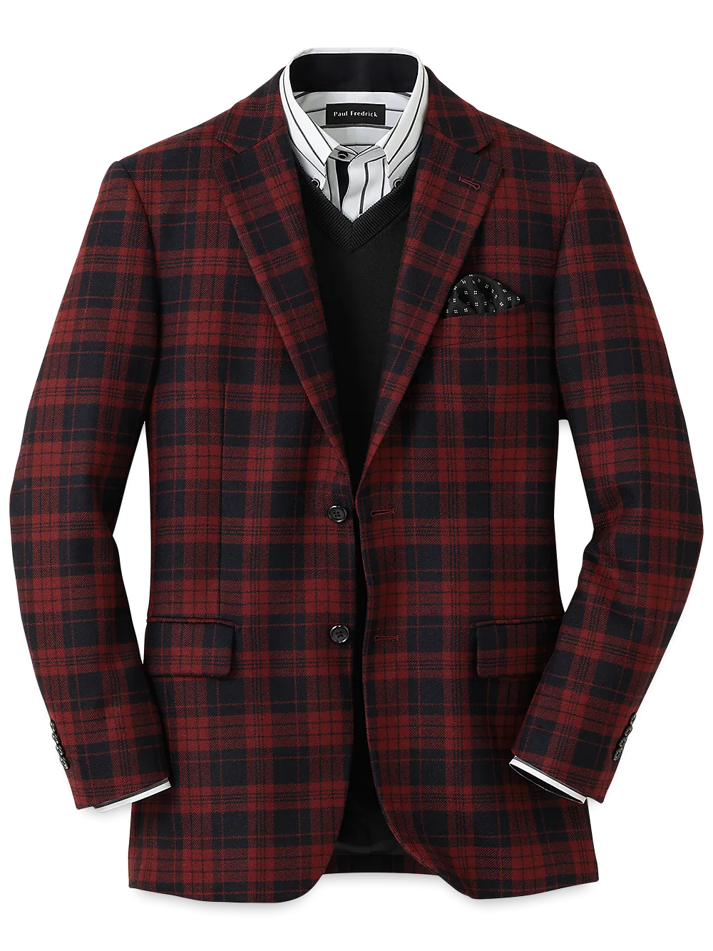 Wool Plaid Single Breasted Notch Lapel Sport Coat - Black/red