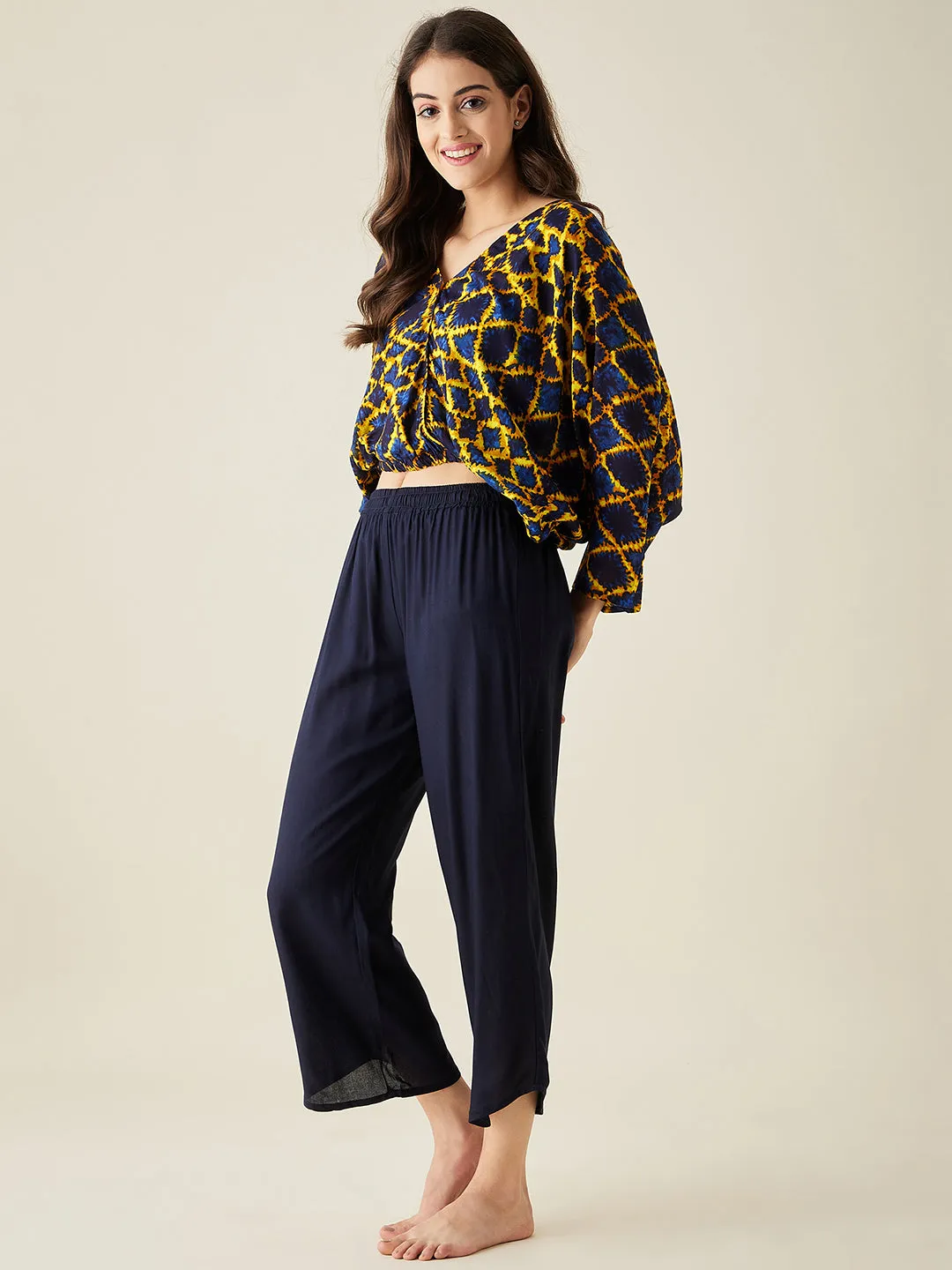 Yellow and Blue Printed Lounge Set