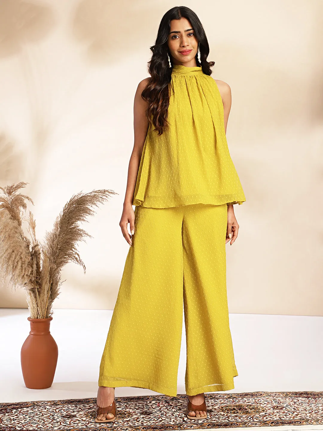 Yellow Dobby Chiffon Solid Co-ord Set