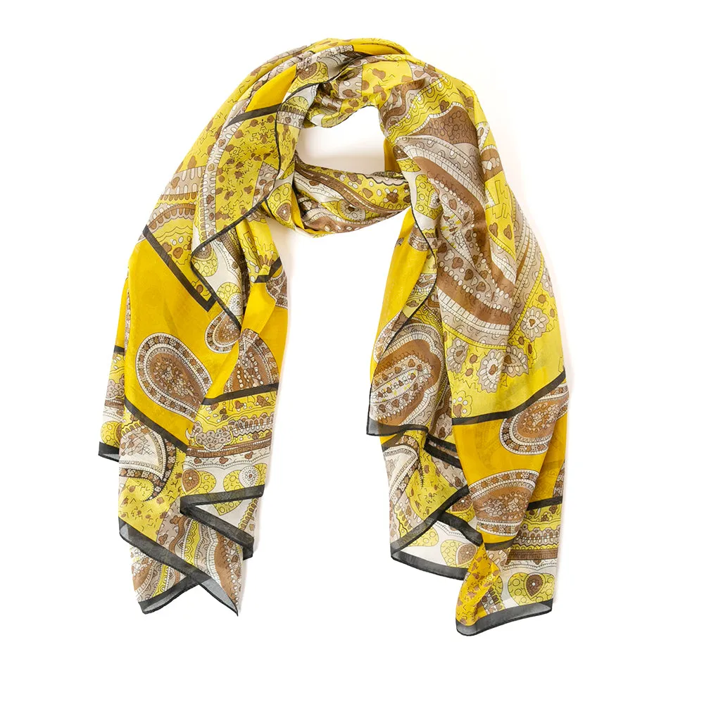 Yellow Paisley Print Silk Scarf