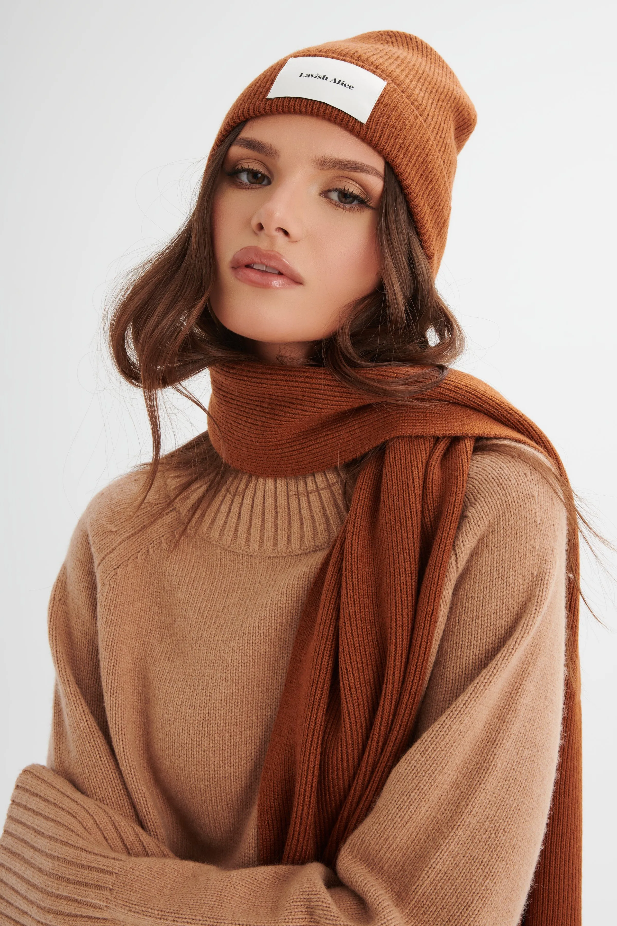 ZOHA Knitted Cashmere Blend Scarf in Camel