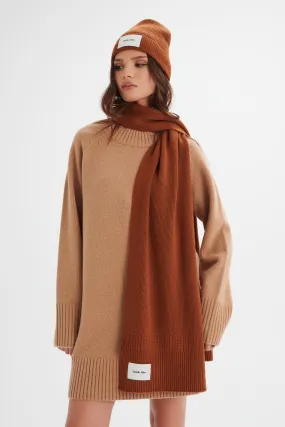 ZOHA Knitted Cashmere Blend Scarf in Camel